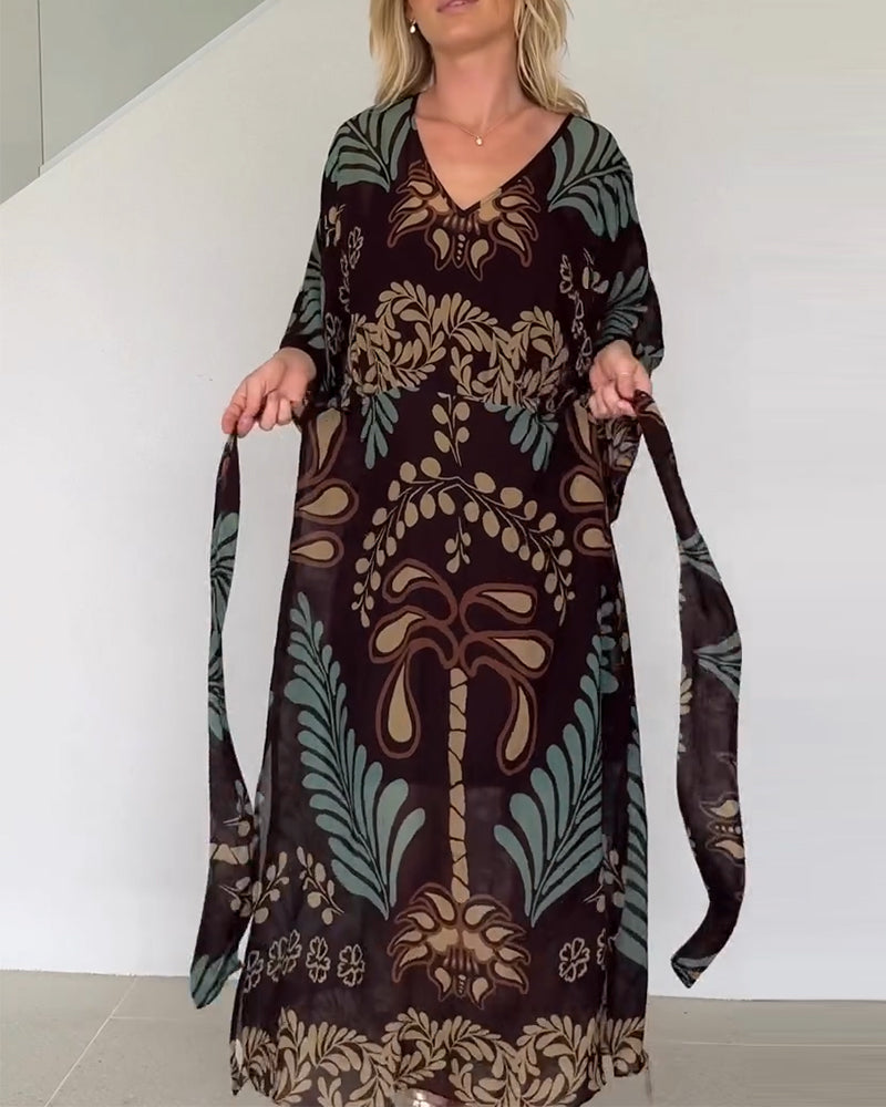 Praxellea - Boheemse maxi jurk voor vrouwen met V-hals en elegante bladerenprint