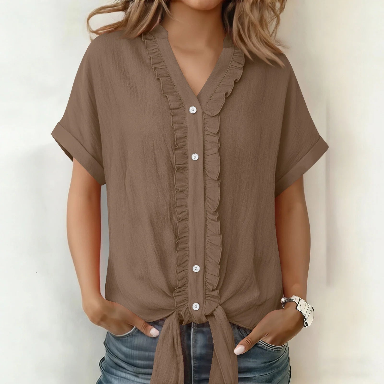 Kalyxa - Dames katoen V-hals kortemouwen blouse zomer