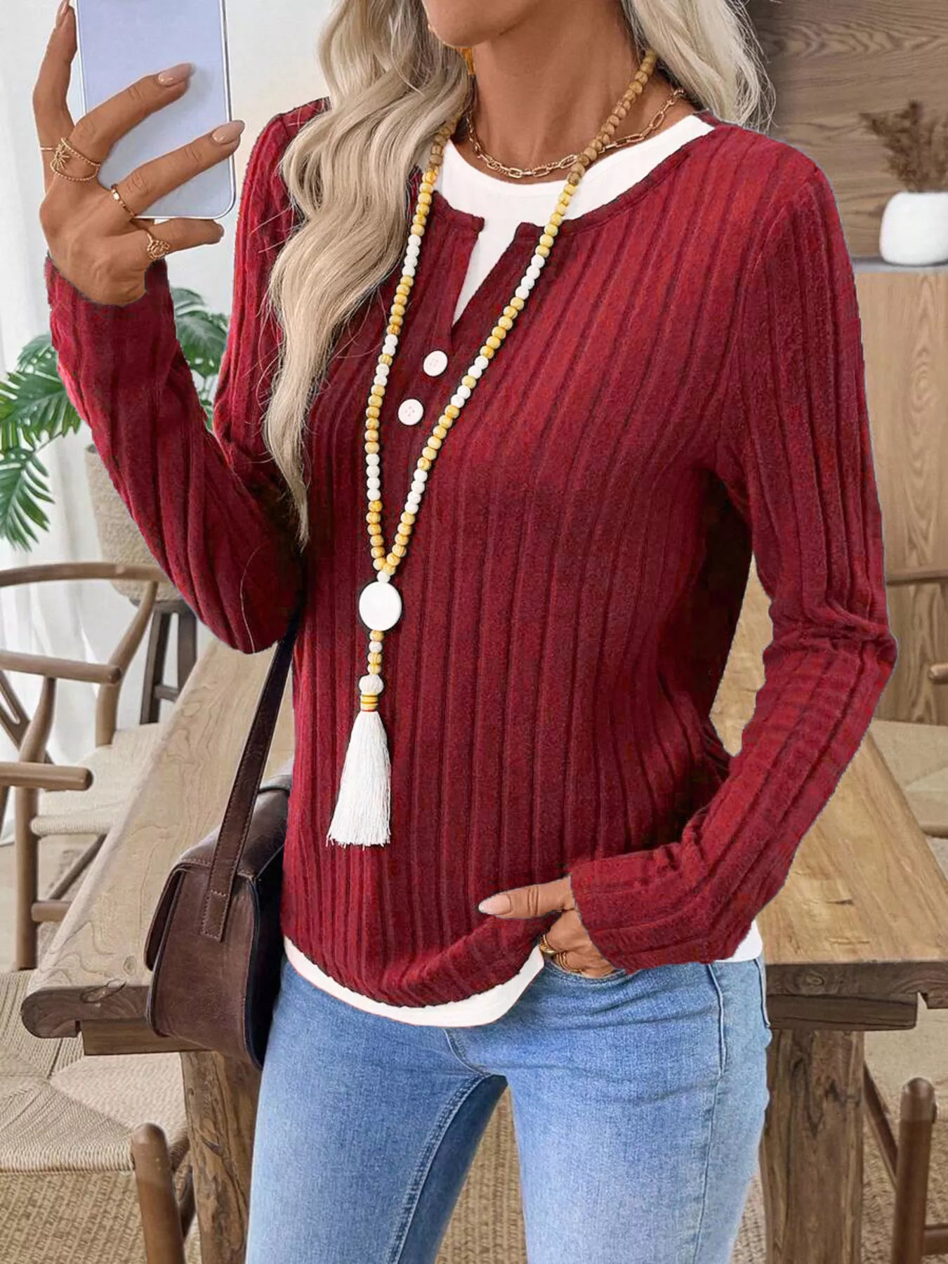 Kalivianne - Geribbelde Winter T-shirt met Lange Mouwen