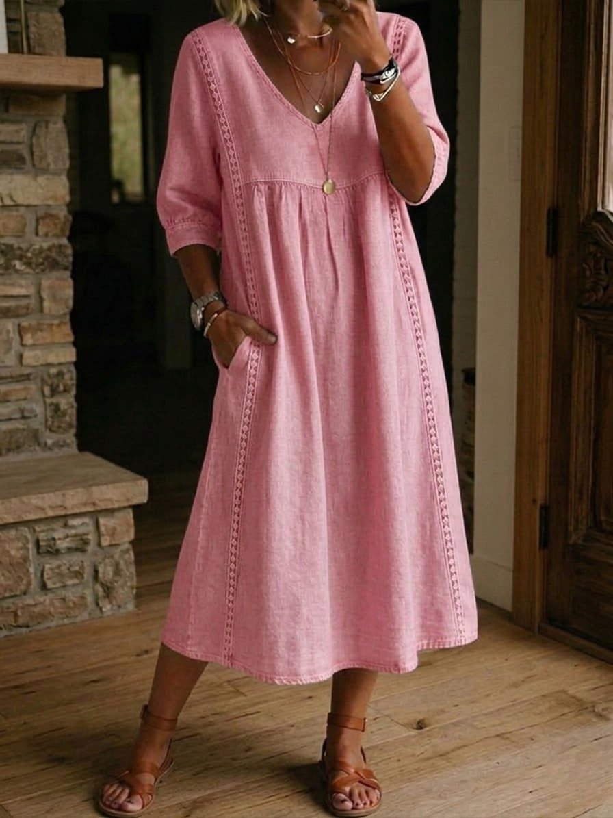 Jaxine - Dames Jurk Patchwork Kant Katoen Linnen Casual Zomer