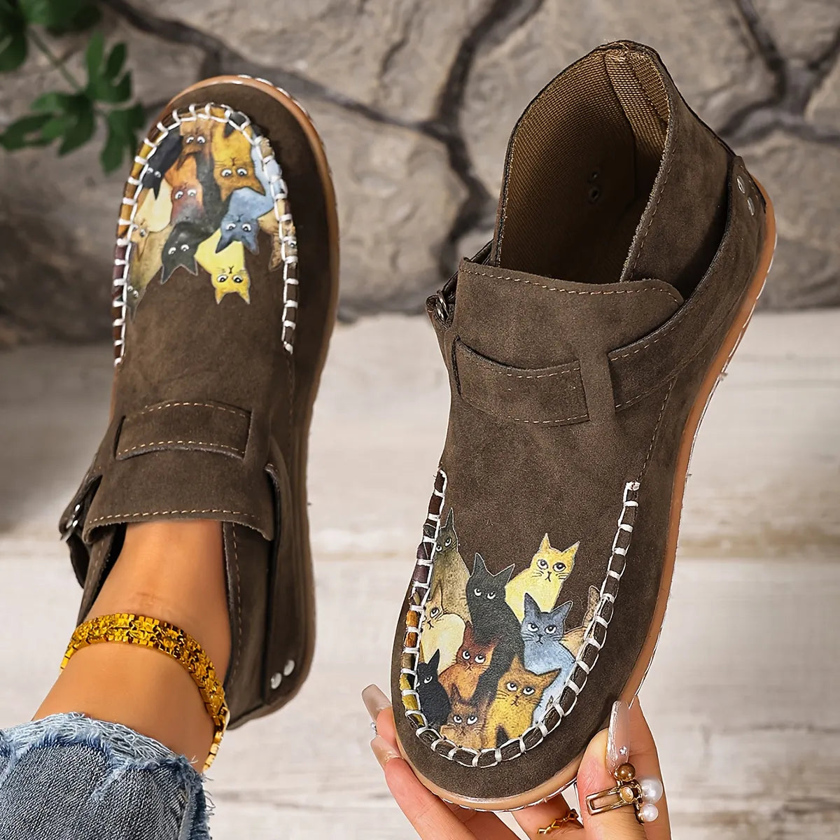 Annefleur - Dames instap mocassins met kattenprint