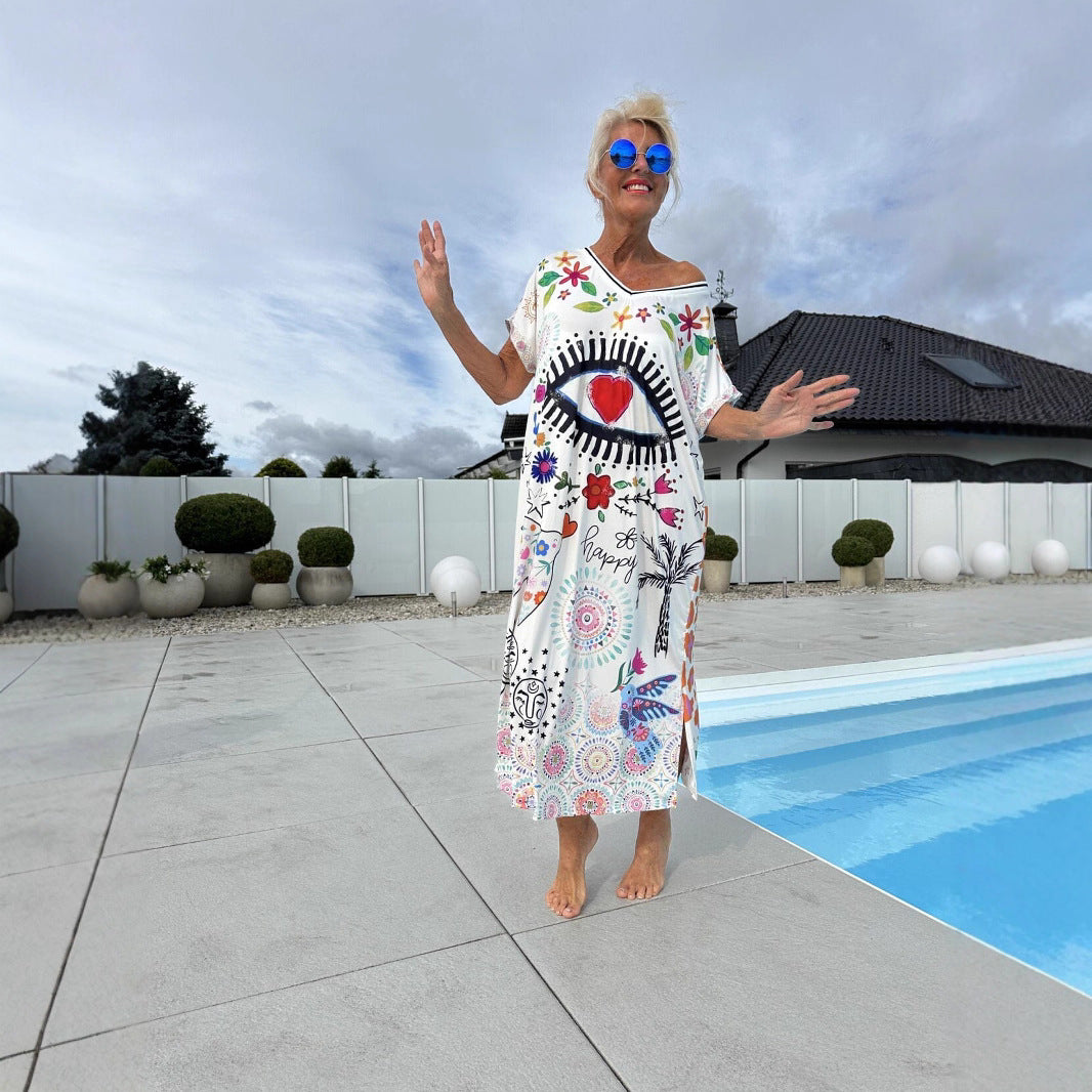 Cerelina - Dames zomerjurk met korte mouw en v-hals en print
