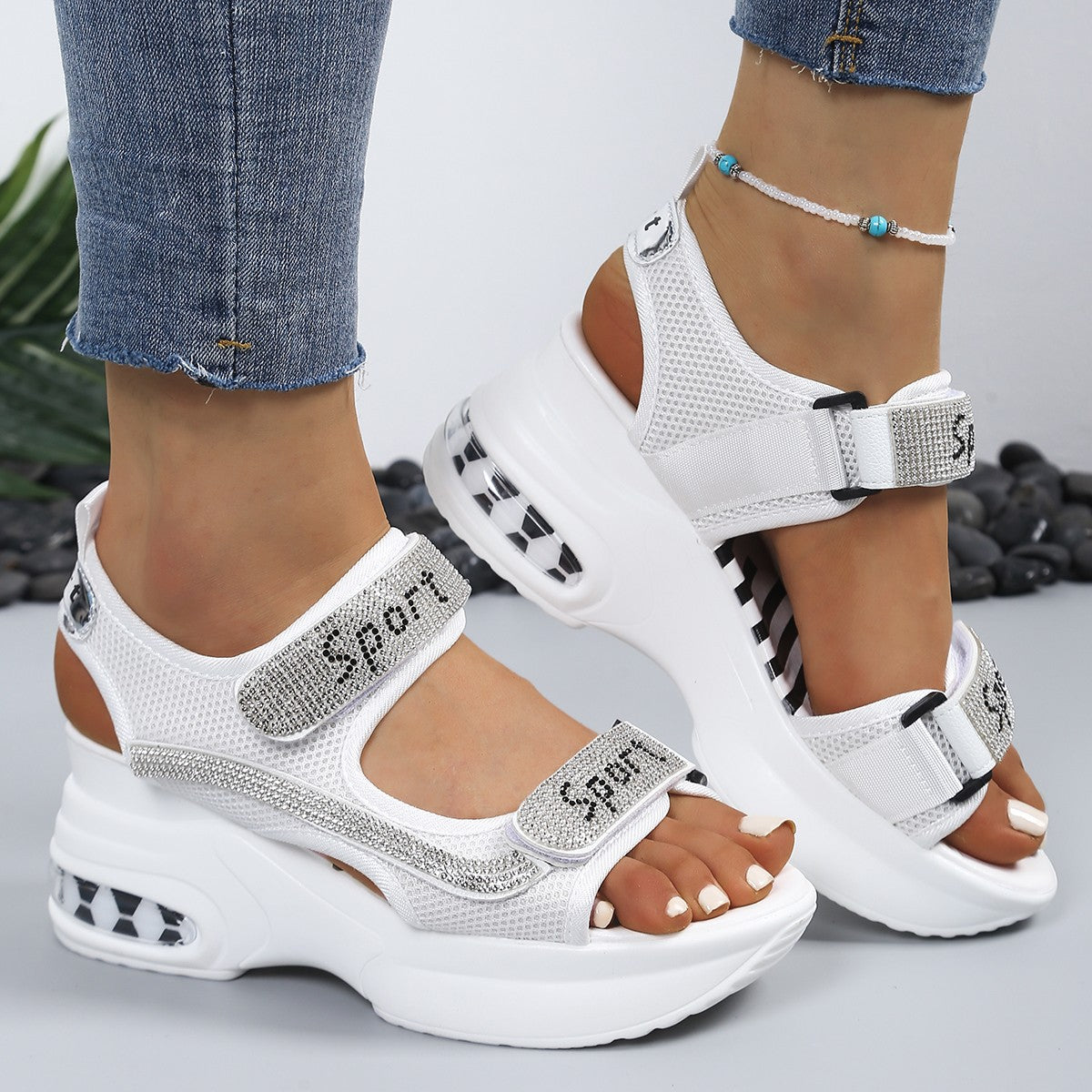 Calyvra - Dames sandalen platform strass velcro luchtzool sport