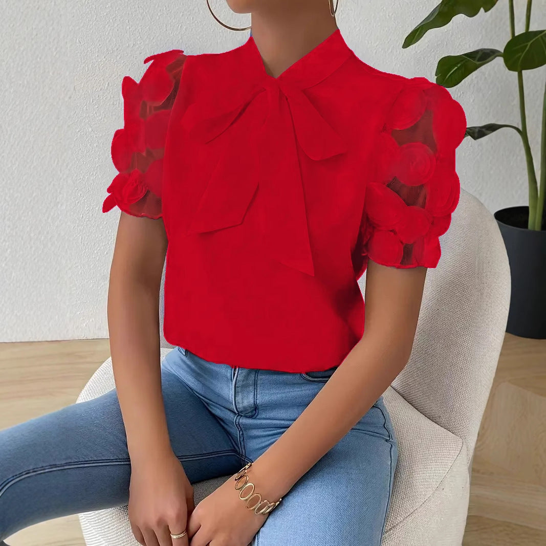 Cirelle - Effen kanten zomerblouse met strik en korte mouwen