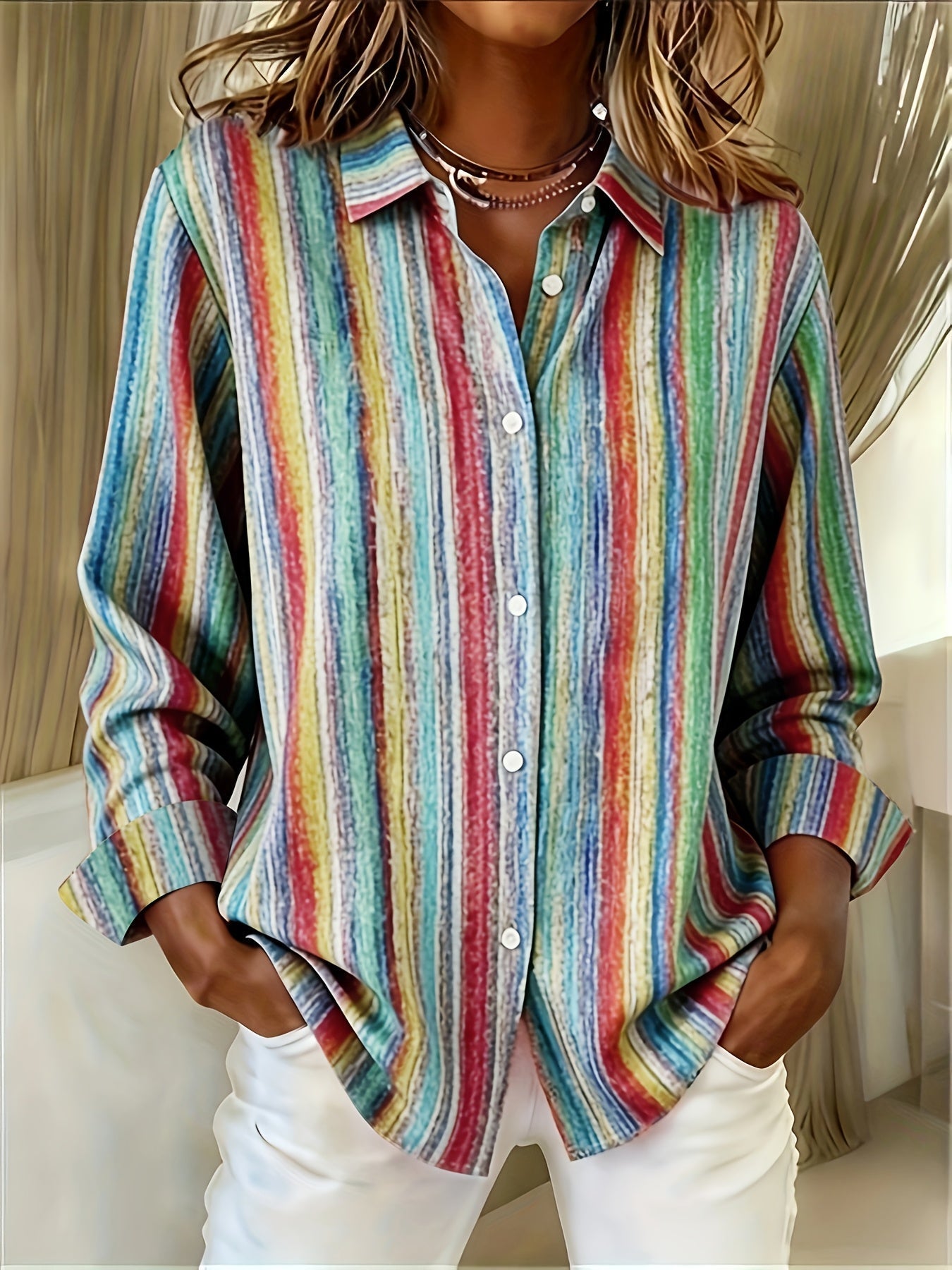 Qirexa - Dames Overhemd met Verticale Strepen, Ruime Pasvorm, Knopjes, Casual Stijl