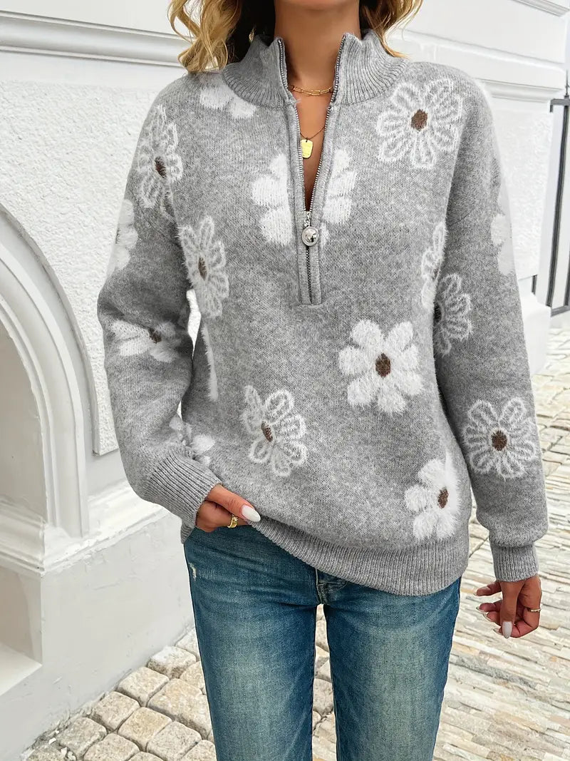 Pauline - Sweater met rits en bloemmotief met dropped shoulders
