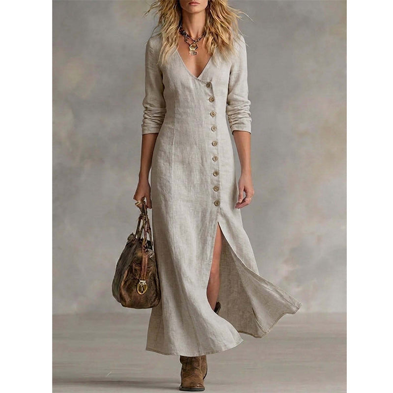 Quinalisse - Elegante vintage overhemdjurk met lange mouwen midi