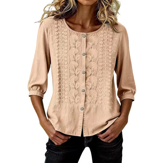 Sorivelle - Geborduurd damesblouse van katoen en linnen met 3/4 mouwen