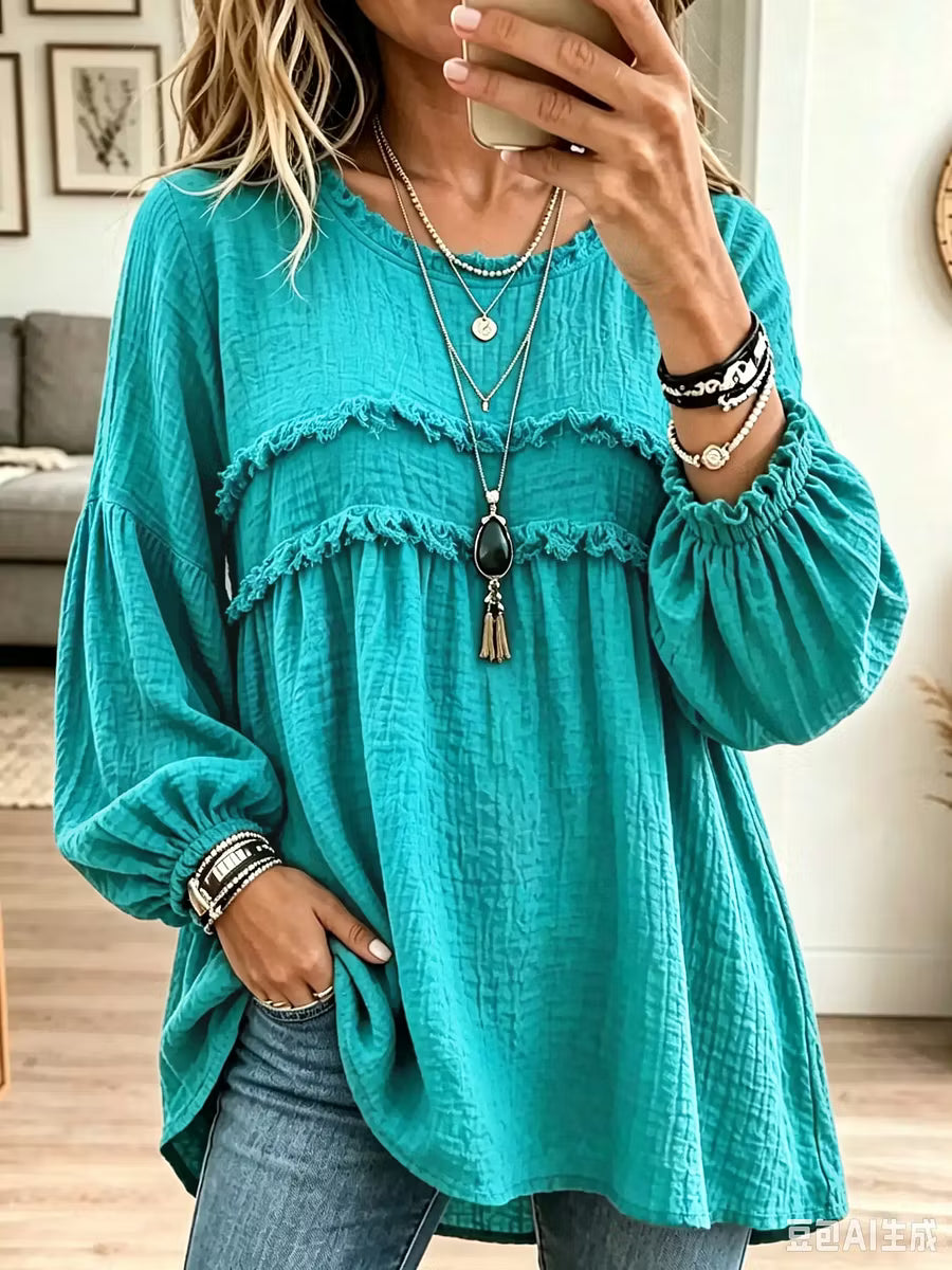 Noëlie - Vrouwelijke babydoll tuniek met volant en ballonmouwen