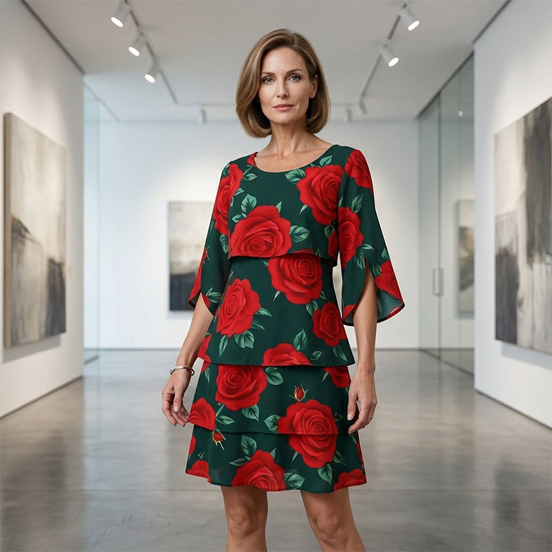 Qyvelle - Vrouwenjurk met Bloemenprint, Ruime Pasvorm, Vloeiende Mouwen, Elegante Stijl