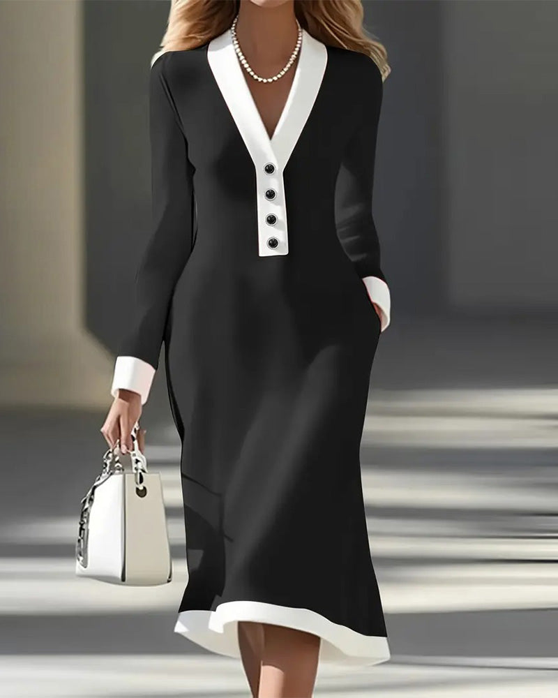 Brenyla - Elegante Midi Jurk met Contrasterende Kraag