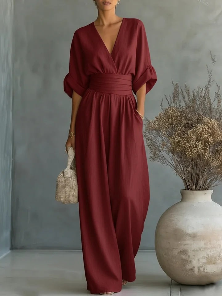 Daxelle - Elegante Dames Jumpsuit Met V-Hals, Getailleerde Taille, Wijde Benen