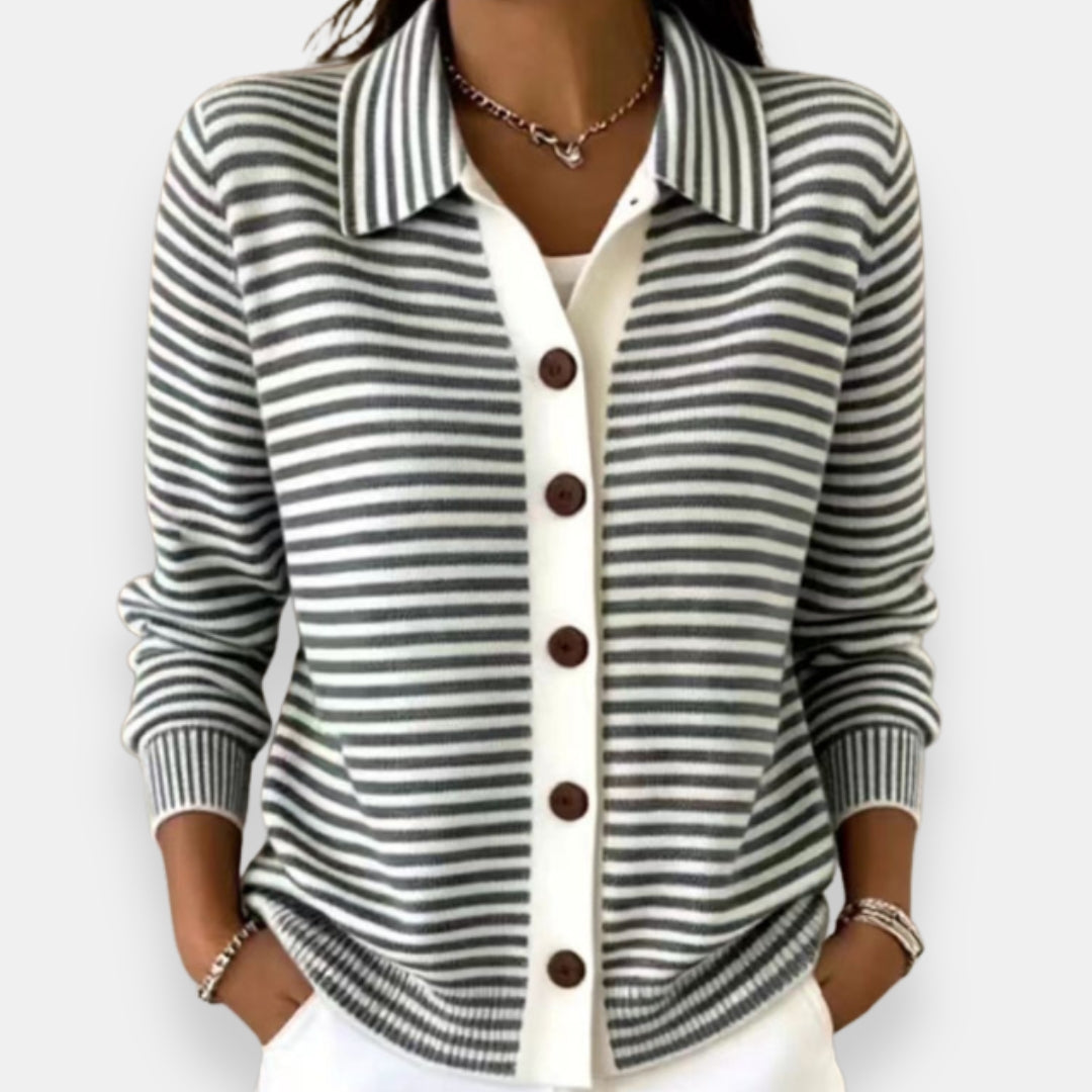 Lauriane - Dames gestreepte cardigan met klassieke kraag en knopen