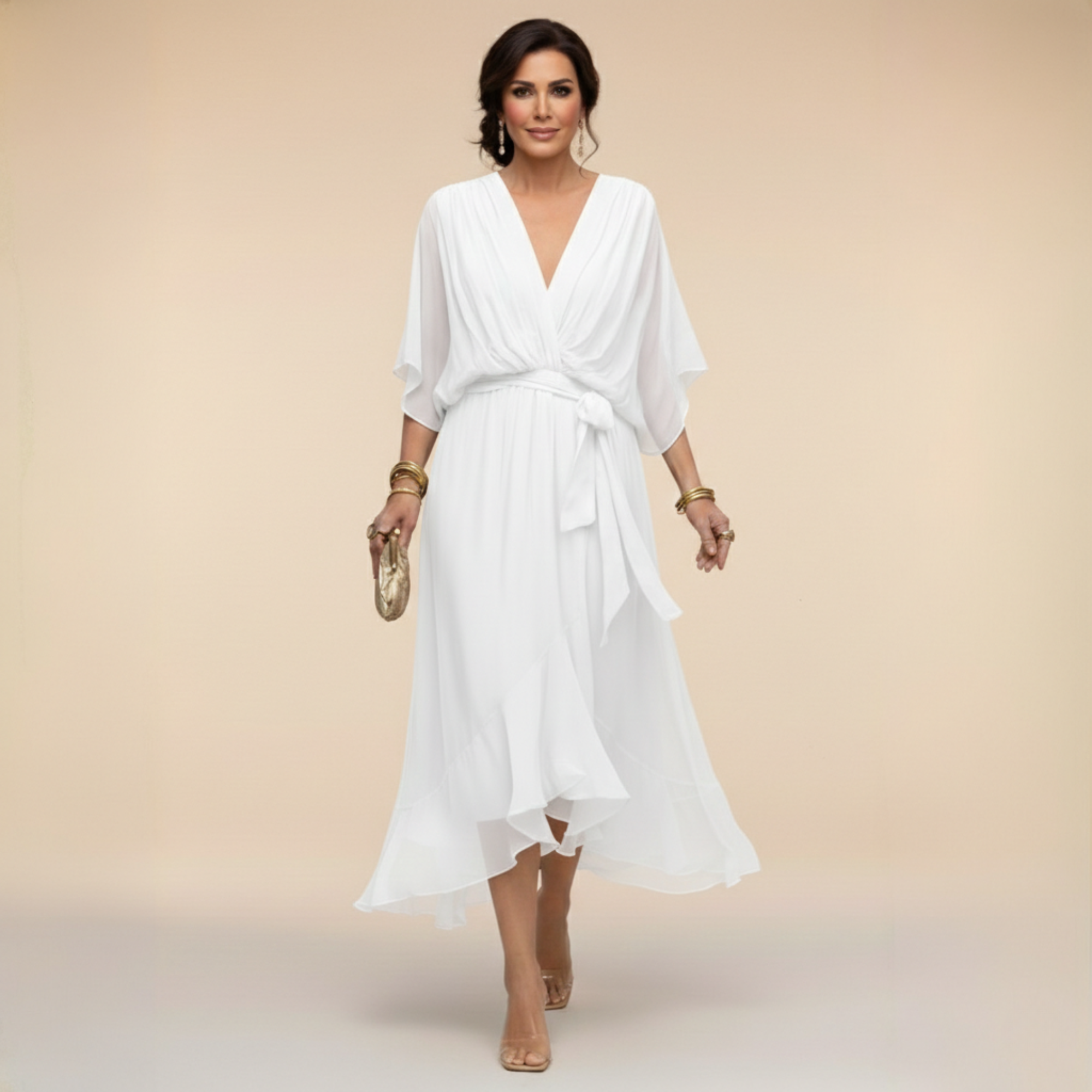Lazira - Midi jurk voor vrouwen met V-hals, ruime mouwen en elegante riem
