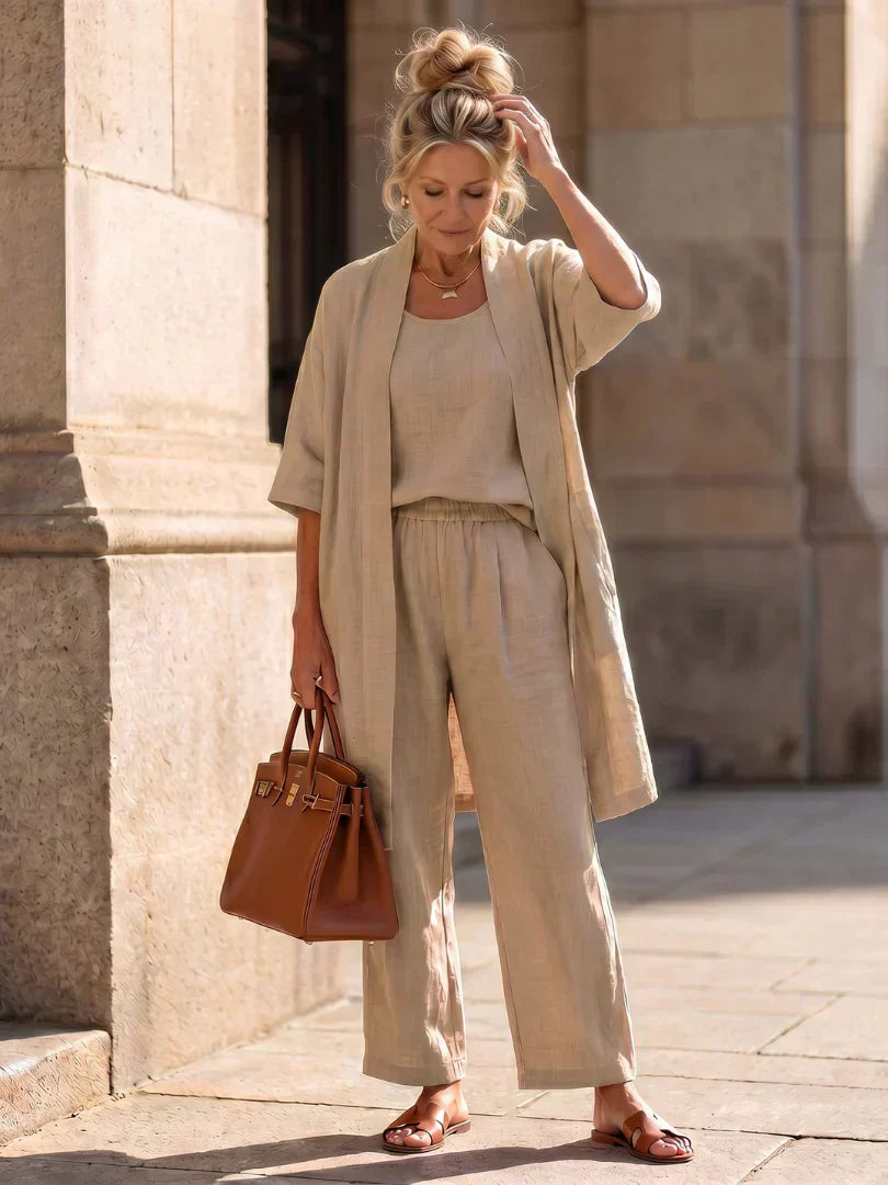 Faevina - Licht damesensemble met kimono, top en broek