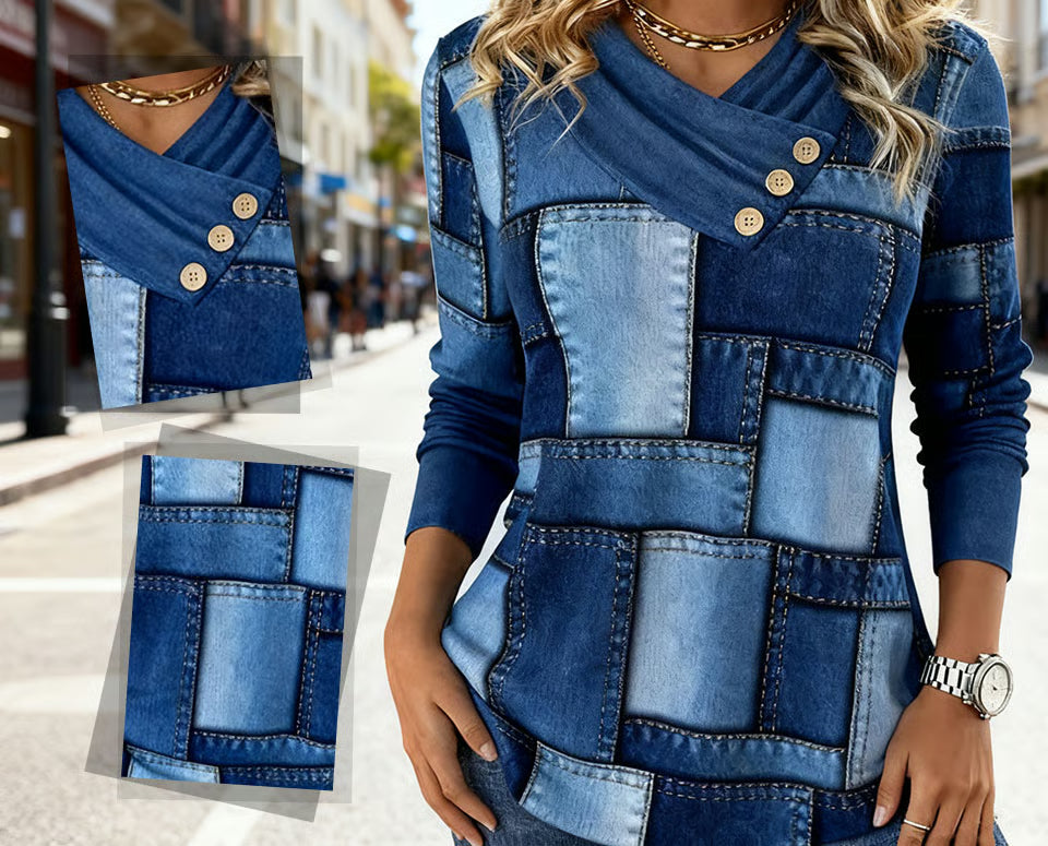 Lorynne - Elegante Patchwork Denim Pullover met Knoopdetail