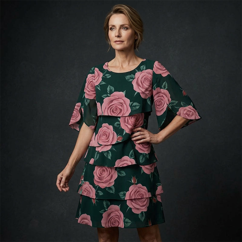 Qyvelle - Vrouwenjurk met Bloemenprint, Ruime Pasvorm, Vloeiende Mouwen, Elegante Stijl