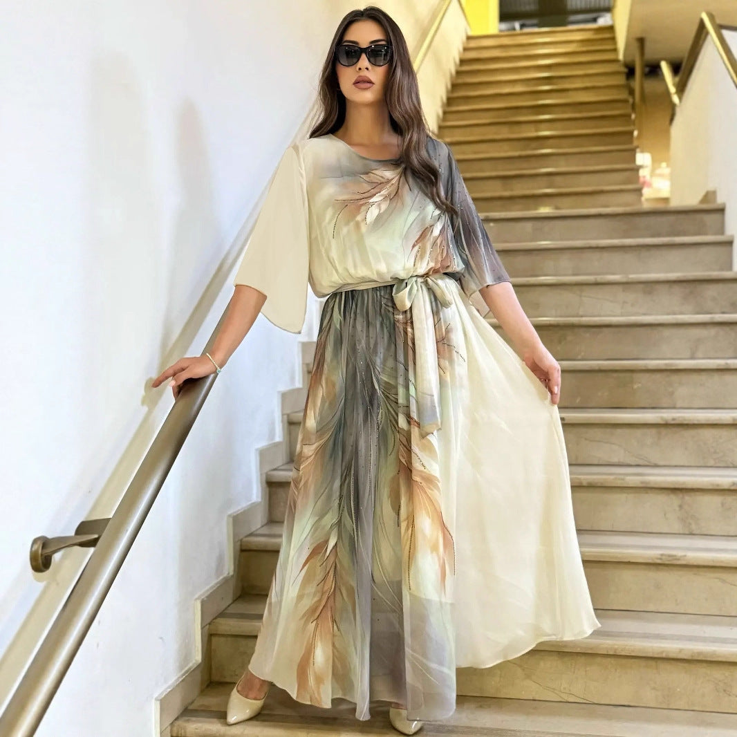 Orythessa - Elegante maxi jurk van luchtige chiffon in groene print