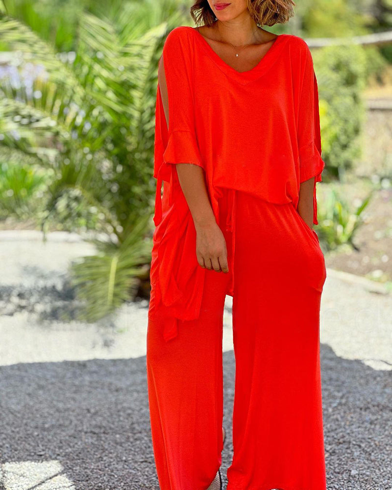 Ginevra - Casual tweedelige set met wijde pijpen en V-hals