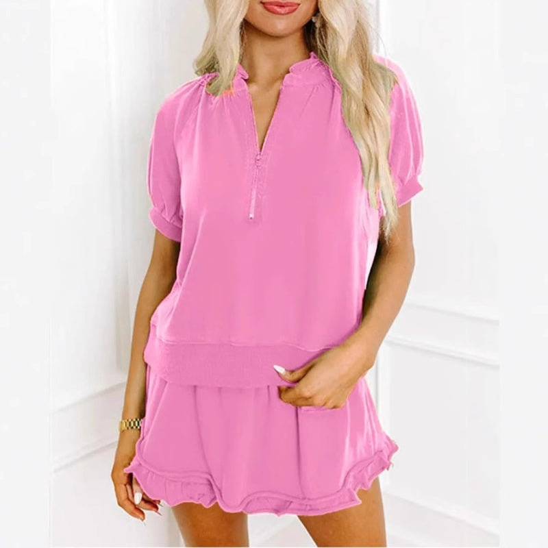 Talyssa - Twee-delig damesensemble met rits t-shirt en volant short
