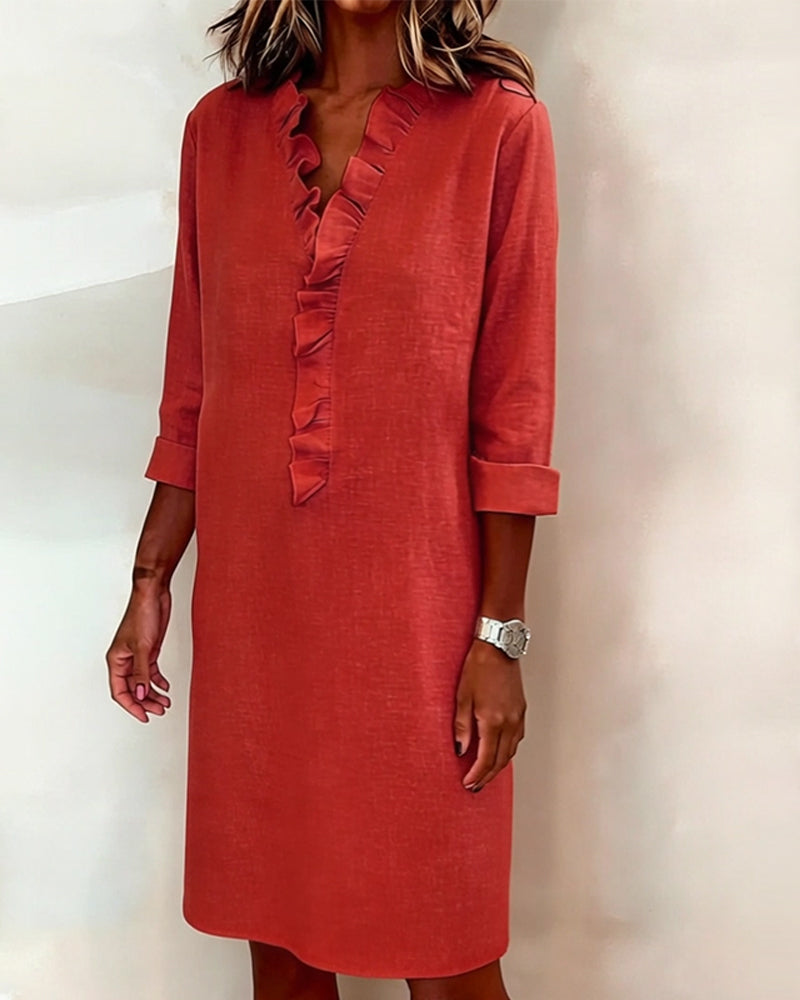 Ophivyn - V-hals jurk voor dames met volant rechte snit casual stijl