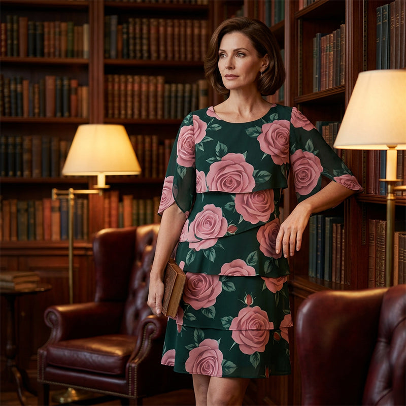 Qyvelle - Vrouwenjurk met Bloemenprint, Ruime Pasvorm, Vloeiende Mouwen, Elegante Stijl