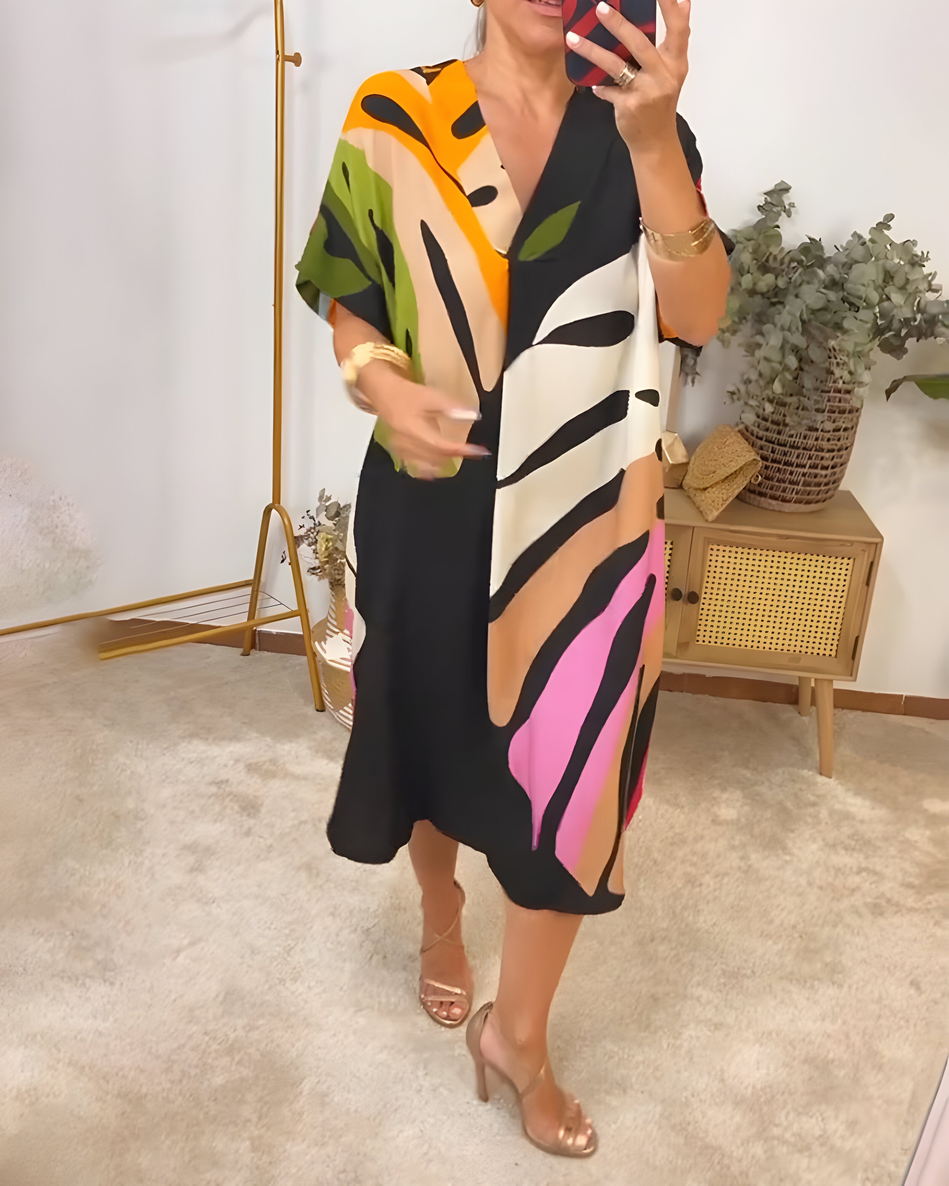Nerissa - Casual jurk met kleurrijke bladprint voor een frisse en natuurlijke stijl