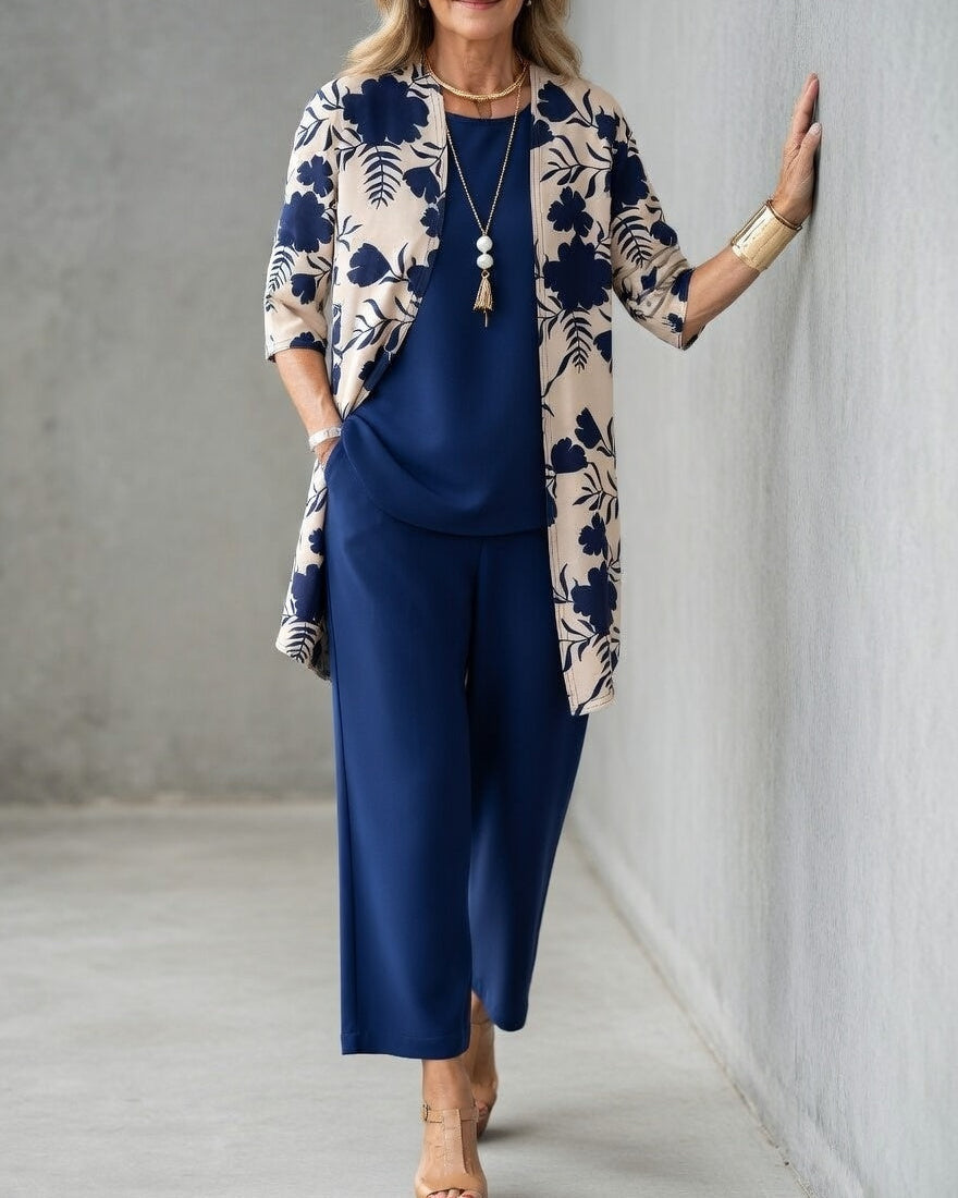 Sabrina - Elegante Driedelige Vrouwenoutfit met Vloeiende Cardigan, Top en Brede Broek