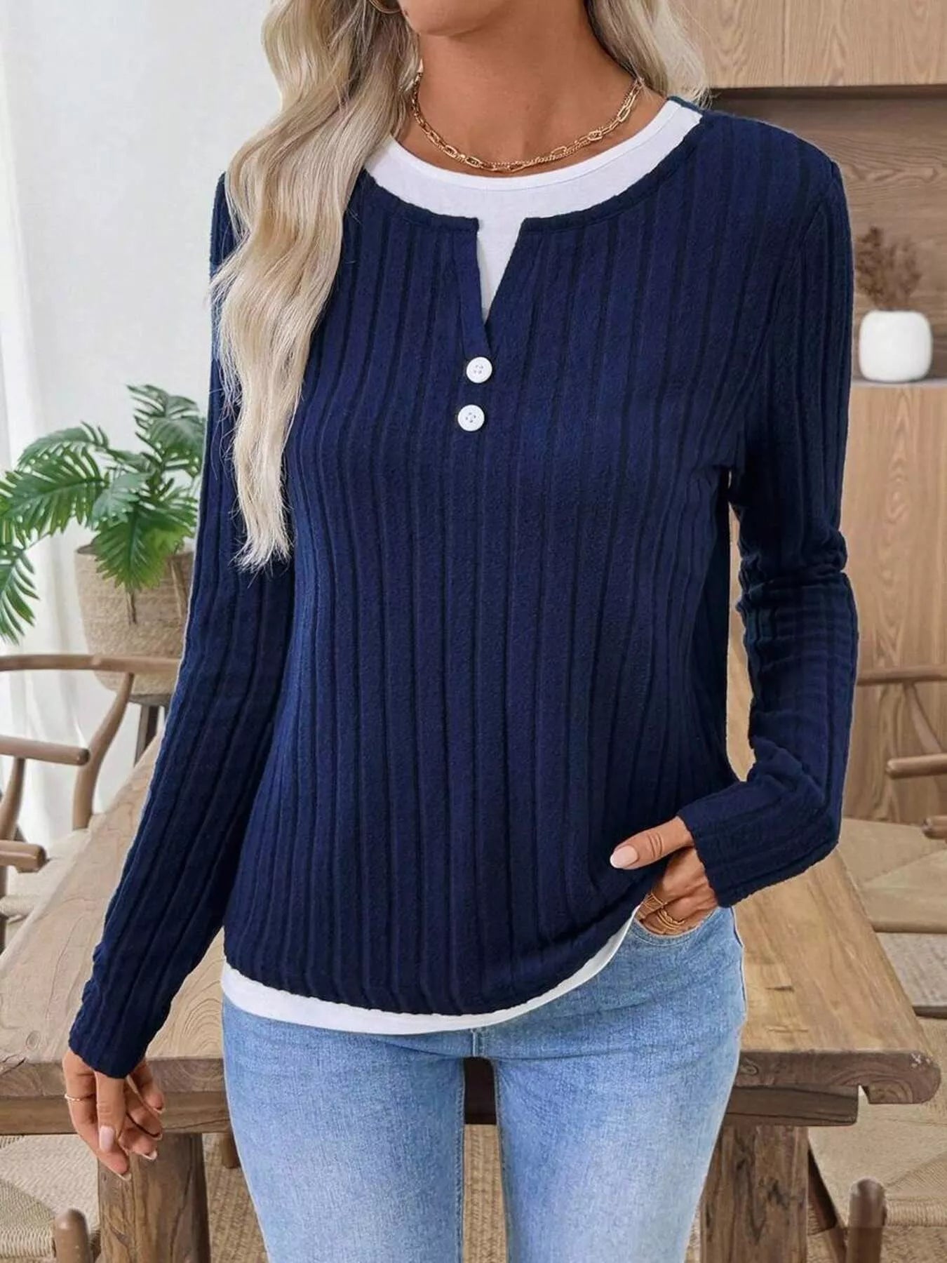 Kalivianne - Geribbelde Winter T-shirt met Lange Mouwen