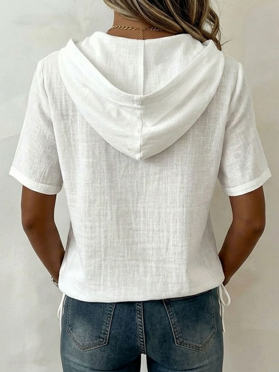 Aevrixa - Dames top met capuchon, vloeiende stof, korte mouwen, knopen, open kraag, casual stijl