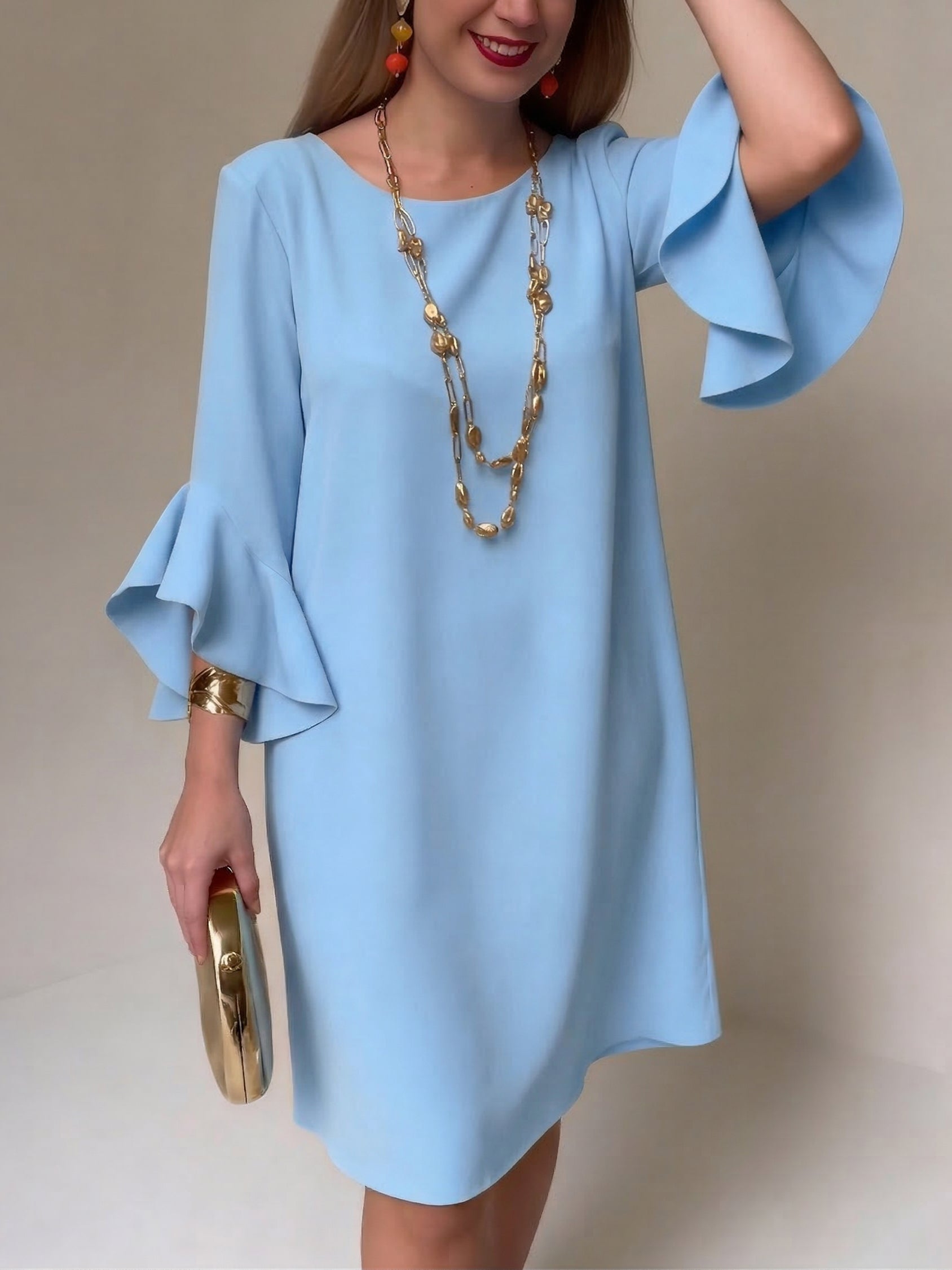 Eryza - Vrouwelijke Vloeiende Jurk met Volants Mouwen Comfortabele Snit Elegante Stijl