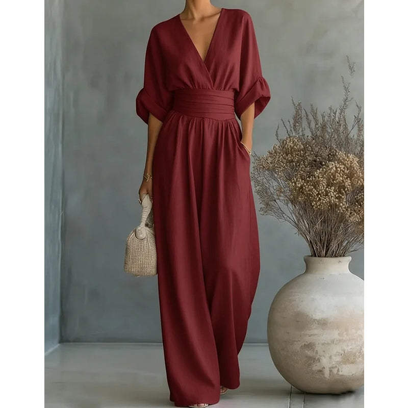 Daxelle - Elegante Dames Jumpsuit Met V-Hals, Getailleerde Taille, Wijde Benen