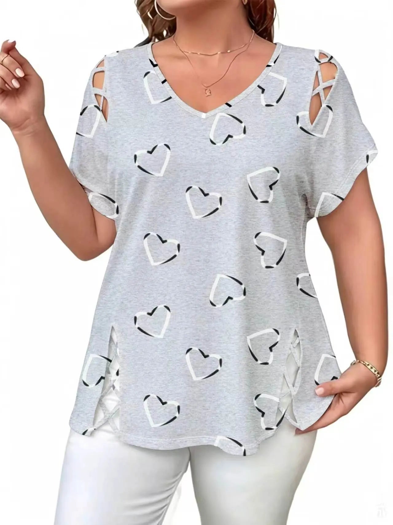 Elowra - Damesblouse met V-hals en hartjesprint