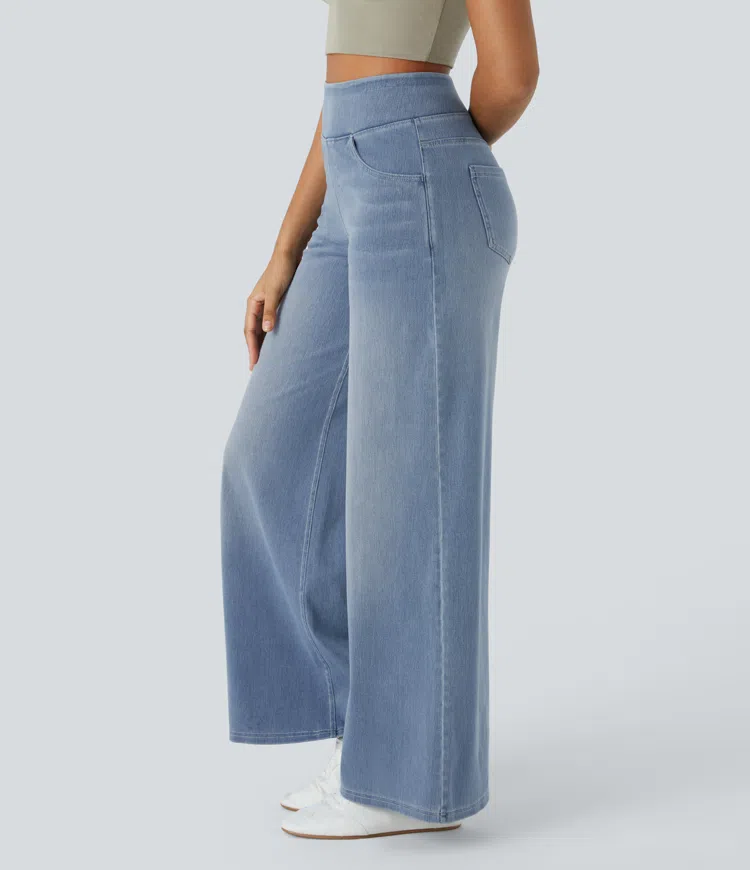 Ruvessa - Dames jeans met hoge taille brede pijpen zeer rekbaar moderne snit
