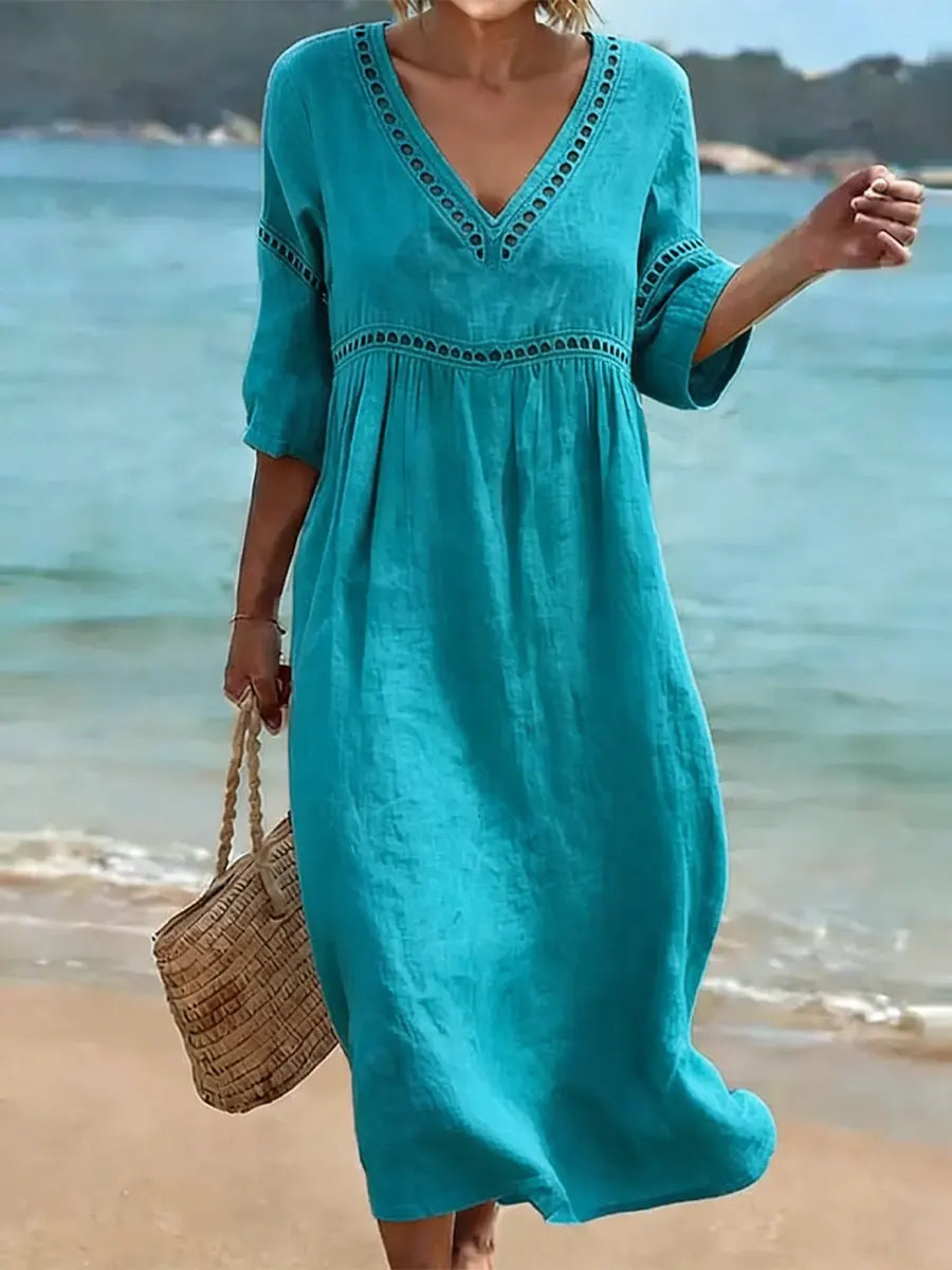 Rynoxa - Midi jurk voor vrouwen, vloeiend, V-hals, brede mouwen, elegante natuurlijke stijl