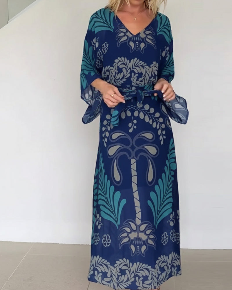 Praxellea - Boheemse maxi jurk voor vrouwen met V-hals en elegante bladerenprint