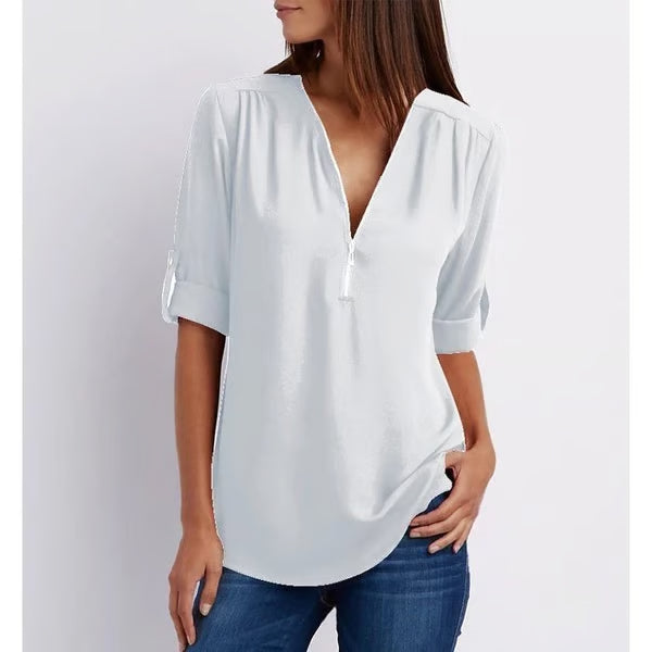 Quelina - 3/4 Mouw Losse Rits Blouse