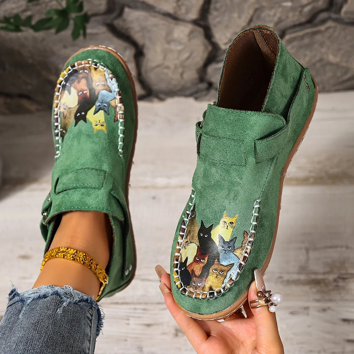 Annefleur - Dames instap mocassins met kattenprint
