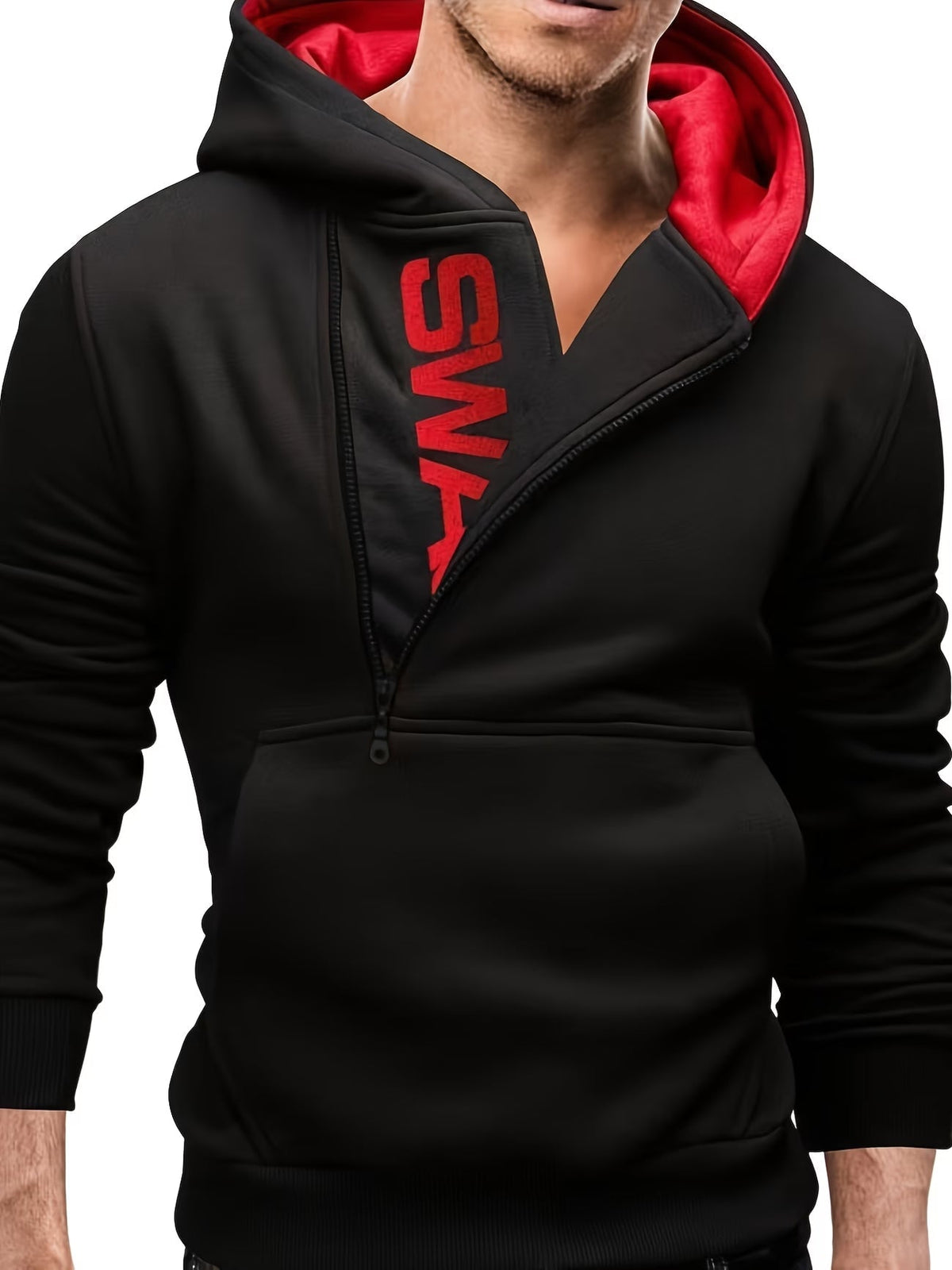 Loic - Slim fit hoodie voor mannen met asymmetrische rits en print