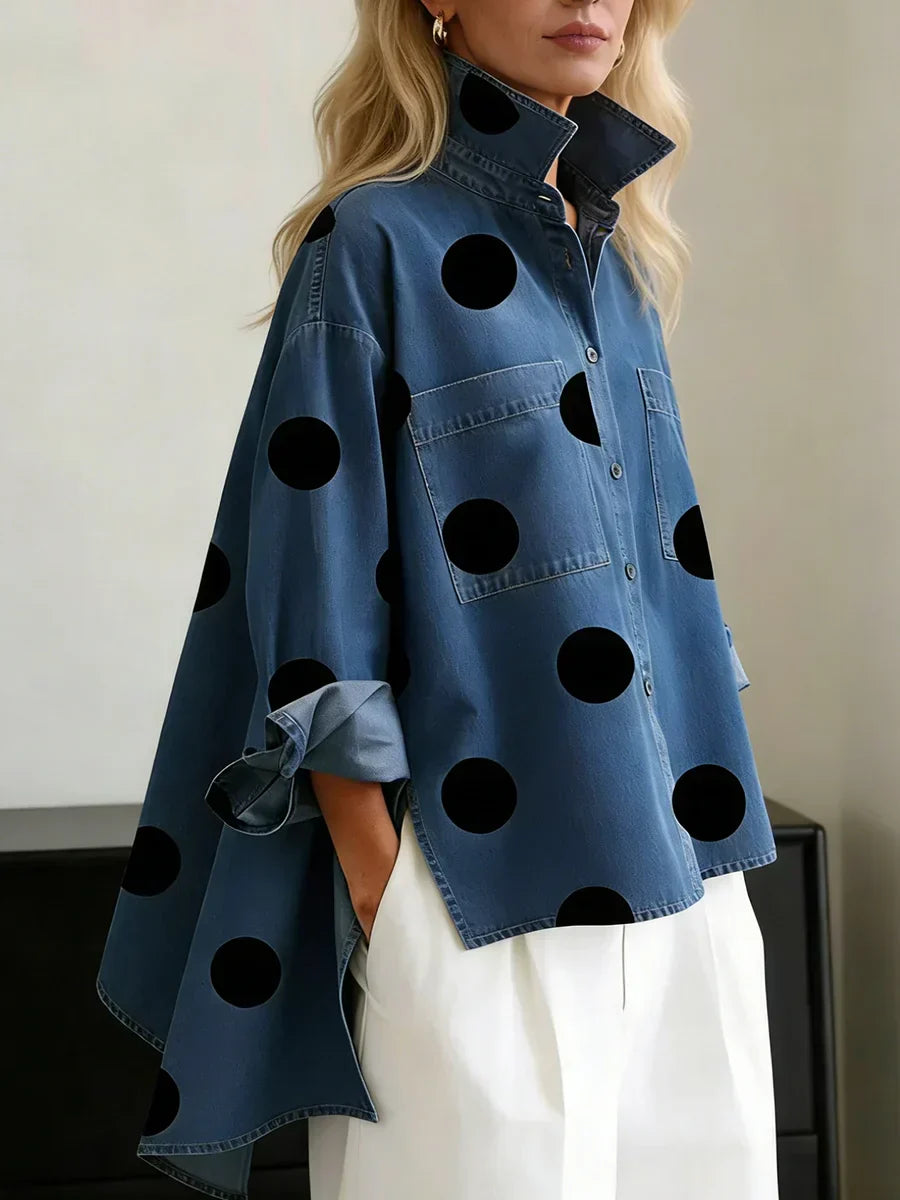 Aqira - Dames Overhemd Met Grote Stippen Oversized Moderne Gestructureerde Kraag