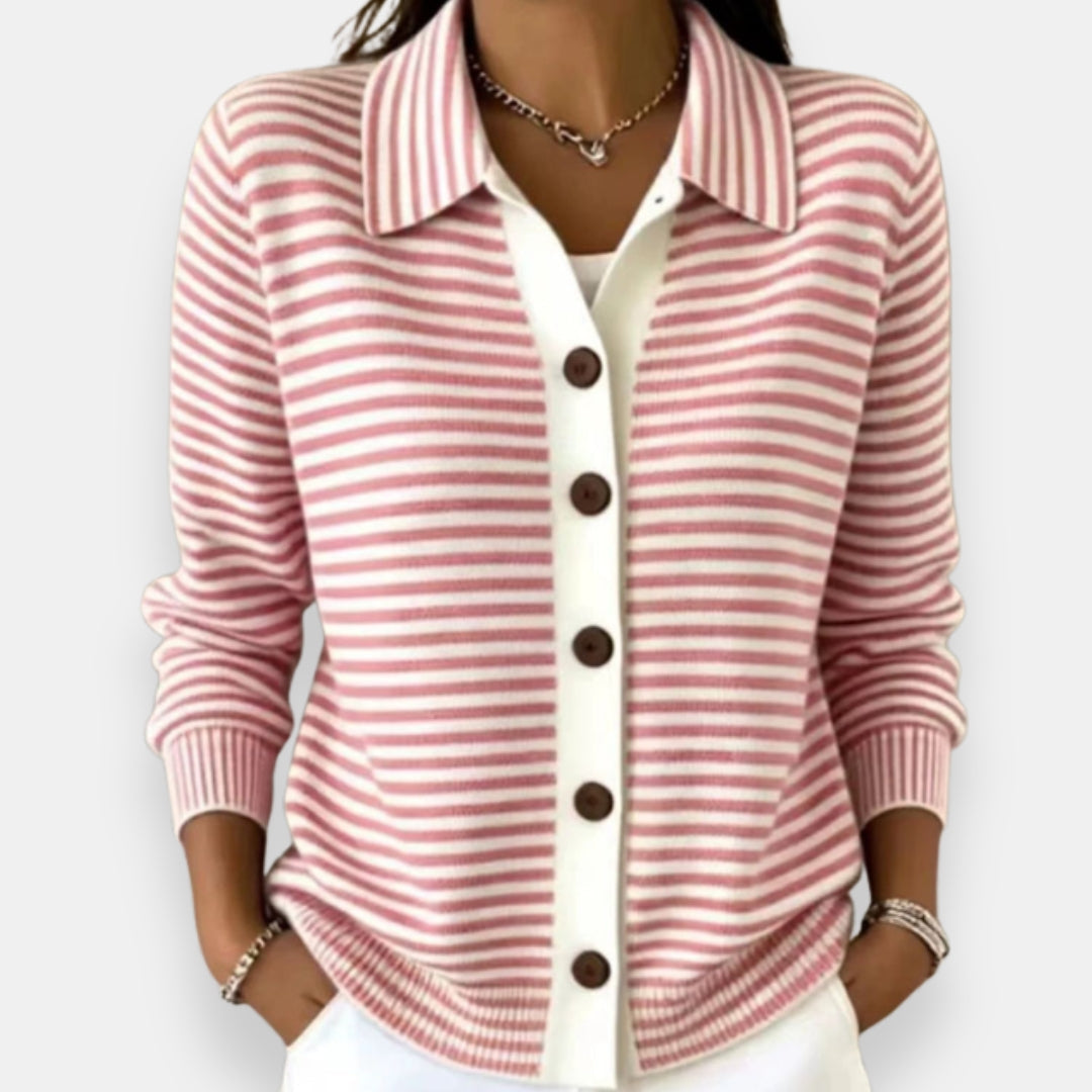 Lauriane - Dames gestreepte cardigan met klassieke kraag en knopen