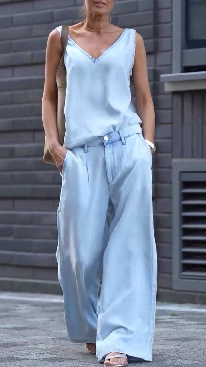 Maravelle - Casual damesoutfit met V-hals en mouwloze Tencel-denim