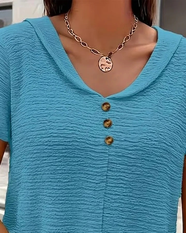 Syzelle - Dames t-shirt met ronde hals textuur korte mouwen elegante decoratieve knopen