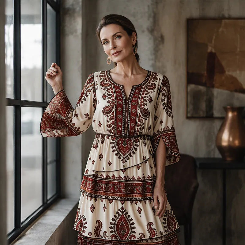 Ramona - Vrouwelijke boheemse jurk met volant en etnisch patroon