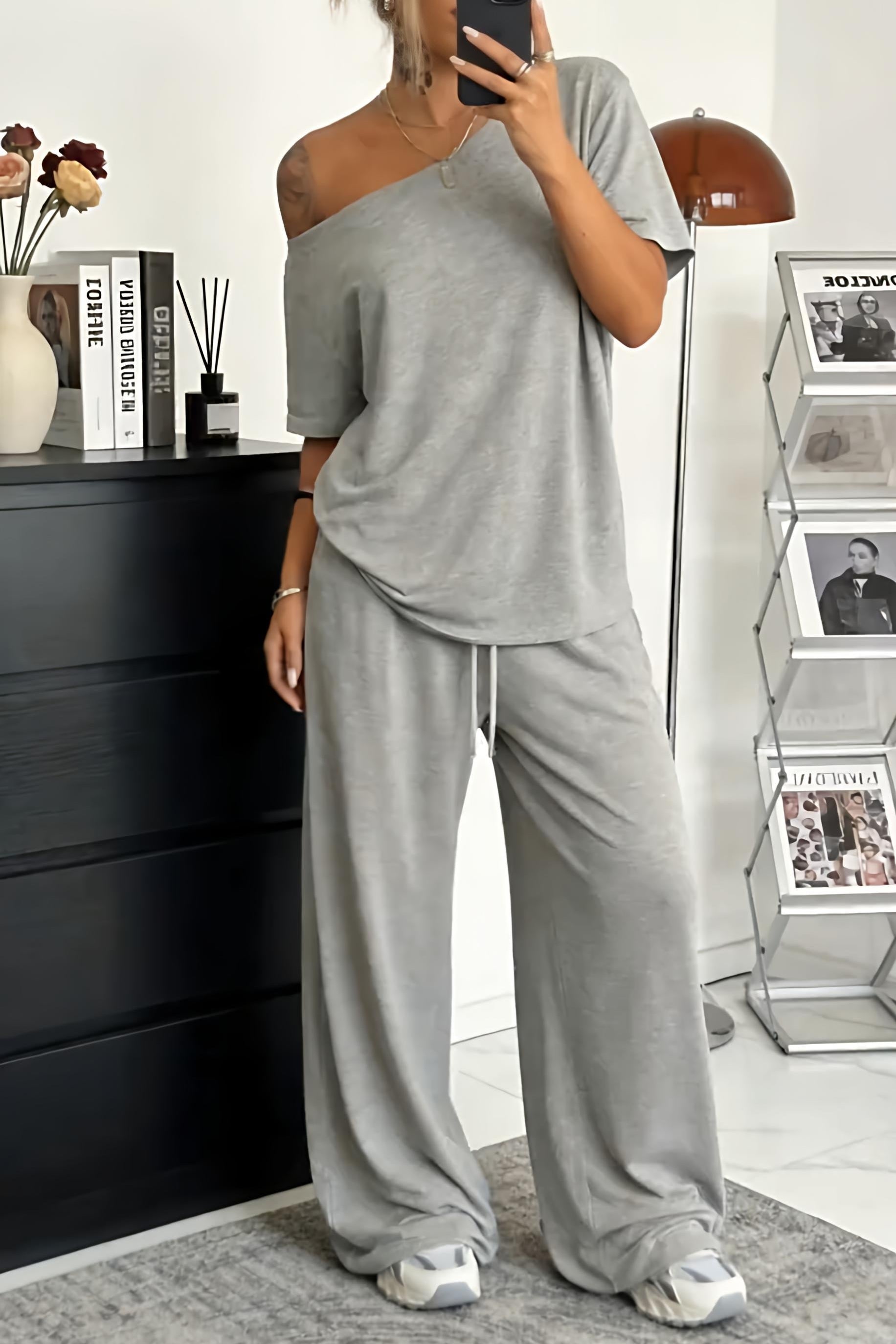 Evarisse - Dames tweedelig set met blote schouders casual comfort