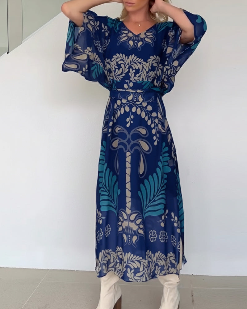 Praxellea - Boheemse maxi jurk voor vrouwen met V-hals en elegante bladerenprint
