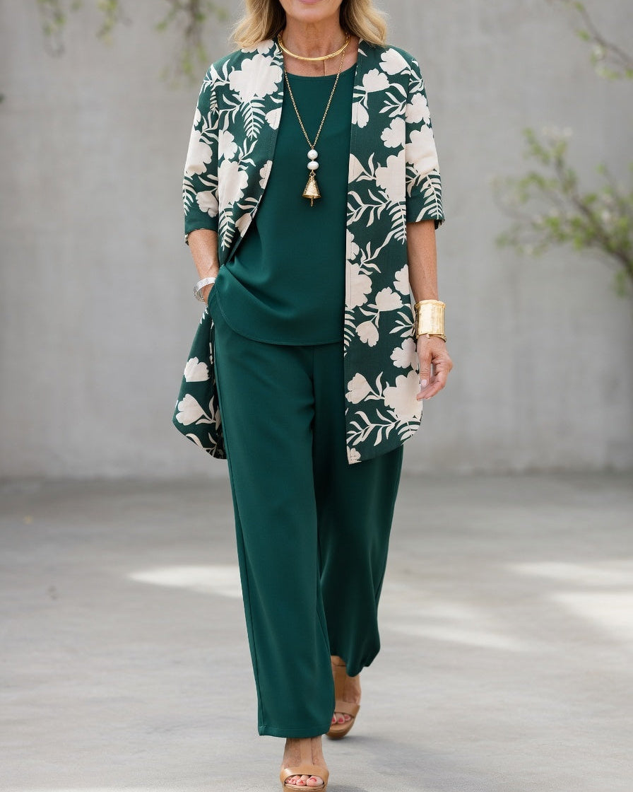 Sabrina - Elegante Driedelige Vrouwenoutfit met Vloeiende Cardigan, Top en Brede Broek