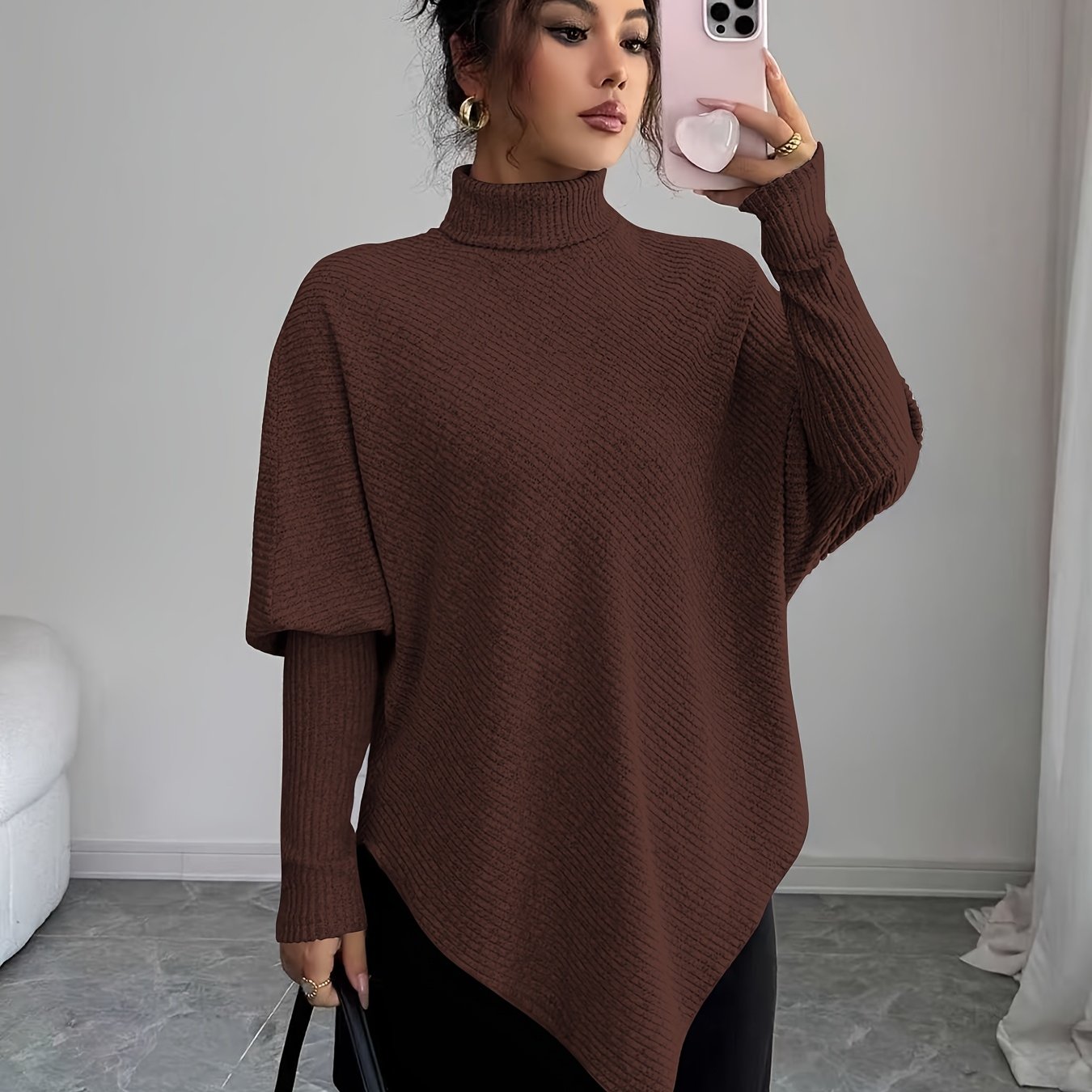Ilyssa - Asymmetrische Trui Met Hoge Hals Moderne Elegant