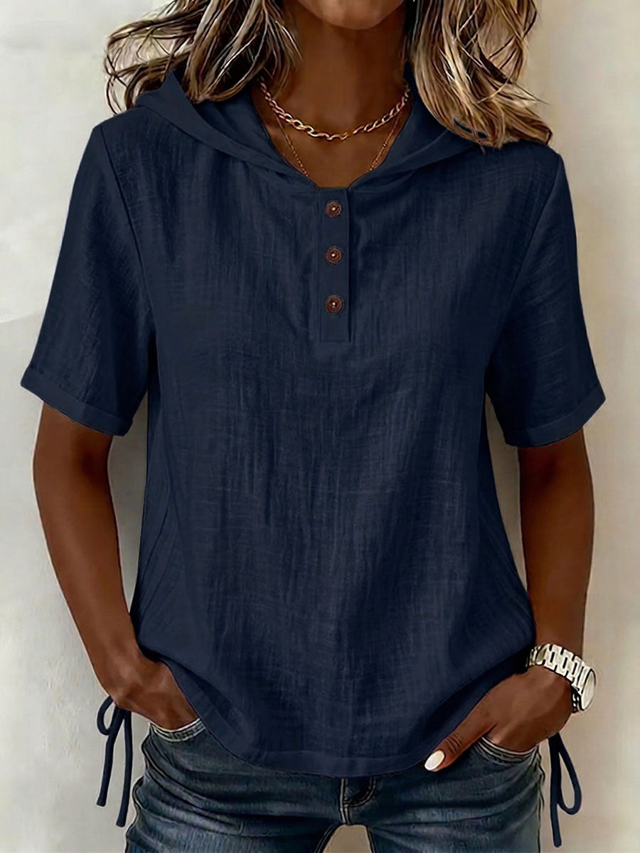 Aevrixa - Dames top met capuchon, vloeiende stof, korte mouwen, knopen, open kraag, casual stijl