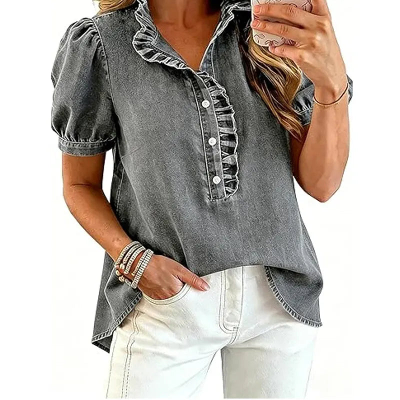 Caelith - Dames denim top met volantkraag